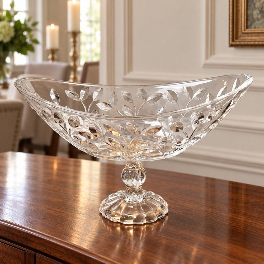 Clear Glass Oval Pedestal Bowl Leaf Design Boat Shaped Centerpiece